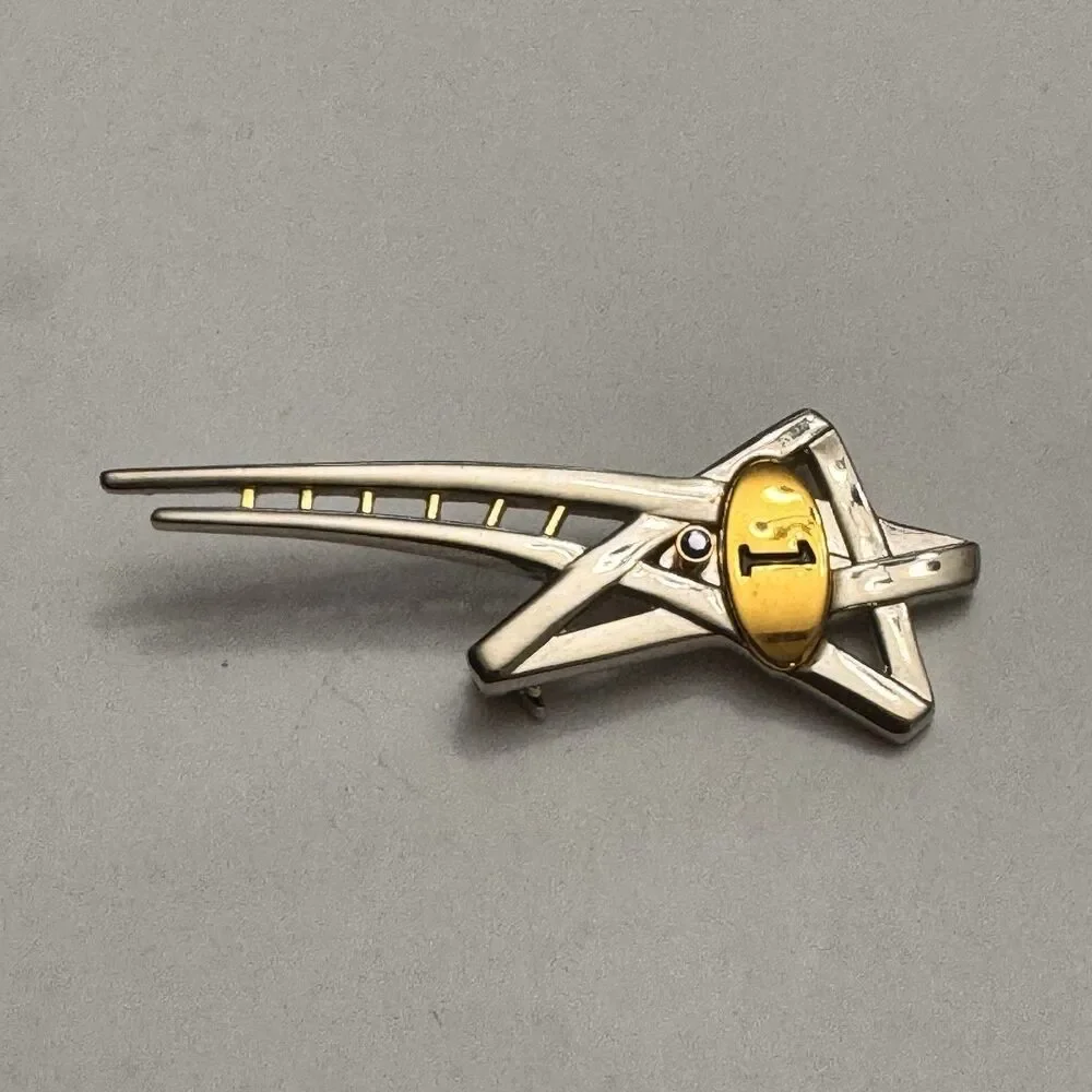 Unique Modernist Ladder Brooch – Sterling Silver & Gold Tone, Blue Gem Accent